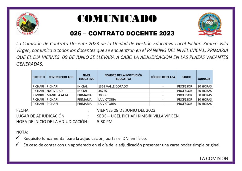 COMUNICADO N 026 CONTRATO DOCENTE 2023 ADJUDICACIÓN DE PLAZAS