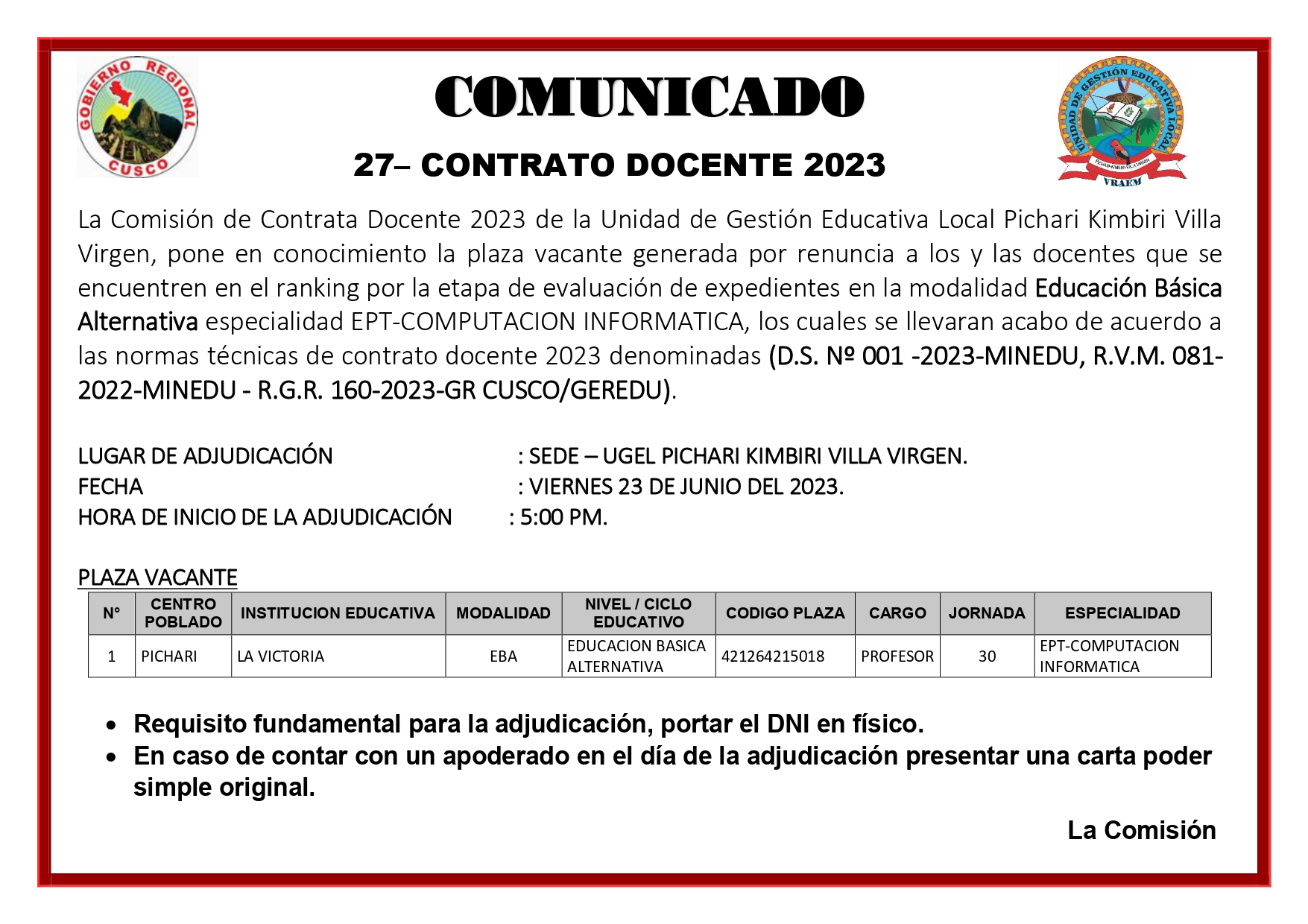 Comunicado N Contrato Docente Adjudicaci N De Plazas